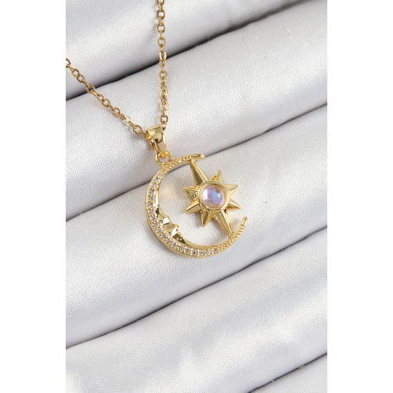 316L Çelik Zirkon Taşlı Kutup Yıldızlı Hilal Model Gold Renk Kadın Kolye - TJ-BKO10341