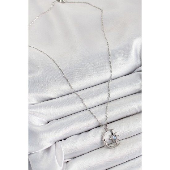 316L Çelik Zirkon Taşlı Kutup Yıldızlı Hilal Model Gümüş Renk Kadın Kolye - TJ-BKO10342