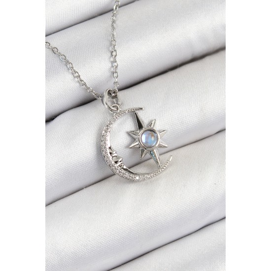 316L Çelik Zirkon Taşlı Kutup Yıldızlı Hilal Model Gümüş Renk Kadın Kolye - TJ-BKO10342