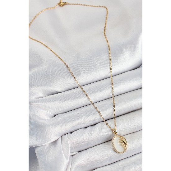 316L Çelik Zirkon Taşlı Yarım Güneş Model Gold Renk Kadın Kolye - TJ-BKO10343