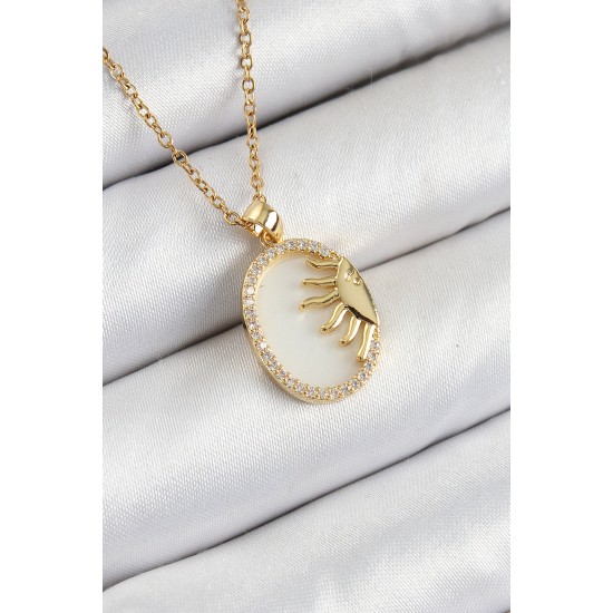 316L Çelik Zirkon Taşlı Yarım Güneş Model Gold Renk Kadın Kolye - TJ-BKO10343