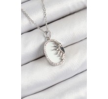 316L Çelik Zirkon Taşlı Yarım Güneş Model Gümüş Renk Kadın Kolye - TJ-BKO10344