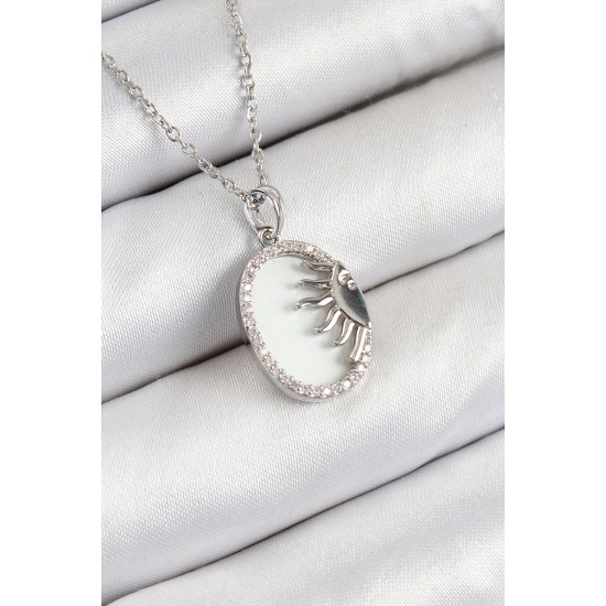 316L Çelik Zirkon Taşlı Yarım Güneş Model Gümüş Renk Kadın Kolye - TJ-BKO10344