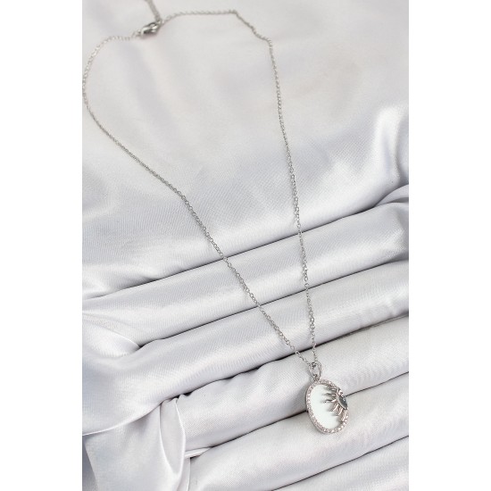 316L Çelik Zirkon Taşlı Yarım Güneş Model Gümüş Renk Kadın Kolye - TJ-BKO10344