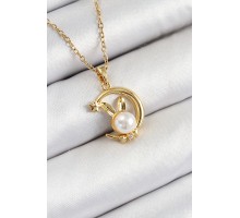 316L Çelik İnci Detaylı Hilal Tavşan Model Gold Renk Kadın Kolye - TJ-BKO10347