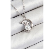 316L Çelik İnci Detaylı Hilal Tavşan Model Gümüş Renk Kadın Kolye - TJ-BKO10348