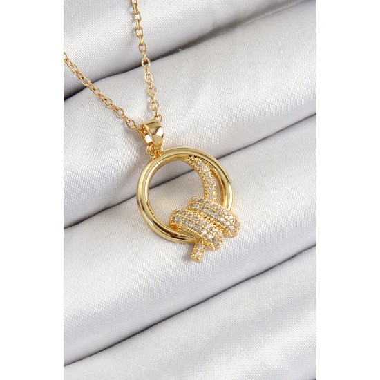 316L Çelik Zirkon Taşlı Düğüm Model Gold Renk Kadın Kolye - TJ-BKO10349