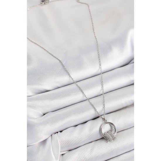 316L Çelik Zirkon Taşlı Düğüm Model Gümüş Renk Kadın Kolye - TJ-BKO10350