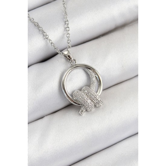 316L Çelik Zirkon Taşlı Düğüm Model Gümüş Renk Kadın Kolye - TJ-BKO10350