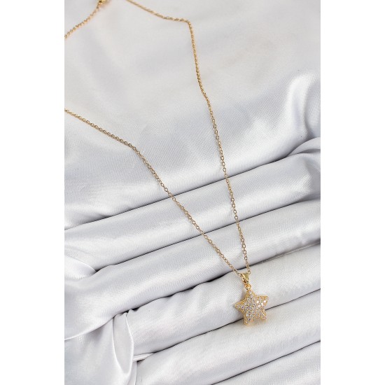 316L Çelik Zirkon Taşlı Yıldız Model Gold Renk Kadın Kolye - TJ-BKO10351