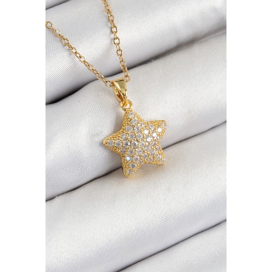 316L Çelik Zirkon Taşlı Yıldız Model Gold Renk Kadın Kolye - TJ-BKO10351