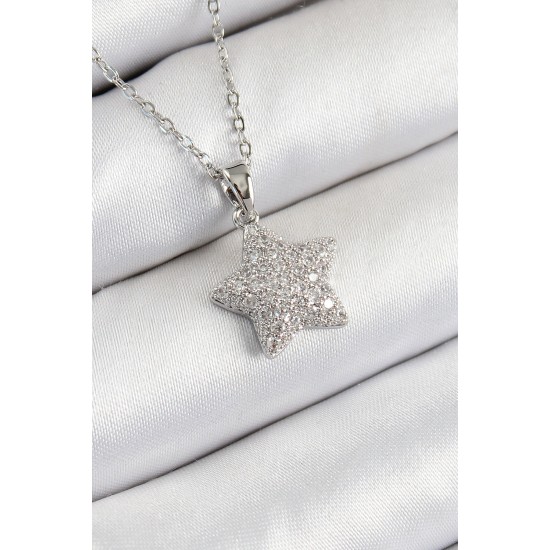 316L Çelik Zirkon Taşlı Yıldız Model Gümüş Renk Kadın Kolye - TJ-BKO10352