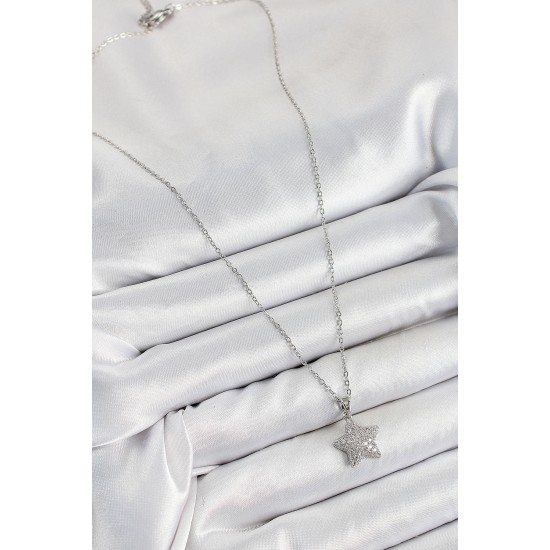 316L Çelik Zirkon Taşlı Yıldız Model Gümüş Renk Kadın Kolye - TJ-BKO10352