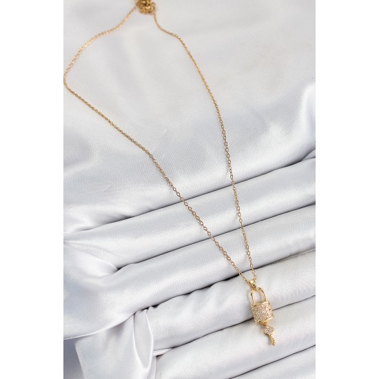 316L Çelik Zirkon Taşlı Kilit Ve Sallantılı Anahtar Model Gold Renk Kadın Kolye - TJ-BKO10353