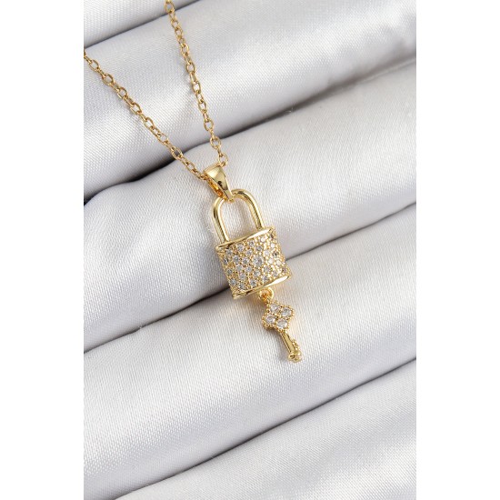 316L Çelik Zirkon Taşlı Kilit Ve Sallantılı Anahtar Model Gold Renk Kadın Kolye - TJ-BKO10353