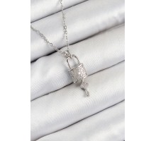 316L Çelik Zirkon Taşlı Kilit Ve Sallantılı Anahtar Model Gümüş Renk Kadın Kolye - TJ-BKO10354