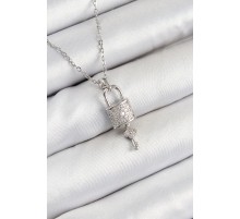 316L Çelik Zirkon Taşlı Kilit Ve Sallantılı Anahtar Model Gümüş Renk Kadın Kolye - TJ-BKO10354