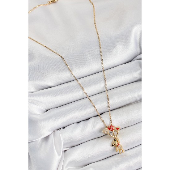 316L Çelik Zirkon Taşlı Uçan Balonlu Ayıcık Model Gold Renk Kadın Kolye - TJ-BKO10355