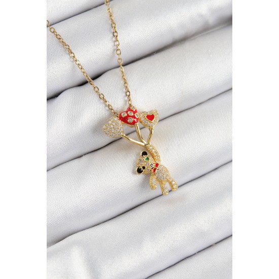 316L Çelik Zirkon Taşlı Uçan Balonlu Ayıcık Model Gold Renk Kadın Kolye - TJ-BKO10355