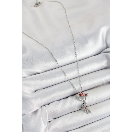 316L Çelik Zirkon Taşlı Uçan Balonlu Ayıcık Model Gümüş Renk Kadın Kolye - TJ-BKO10356