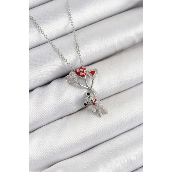 316L Çelik Zirkon Taşlı Uçan Balonlu Ayıcık Model Gümüş Renk Kadın Kolye - TJ-BKO10356