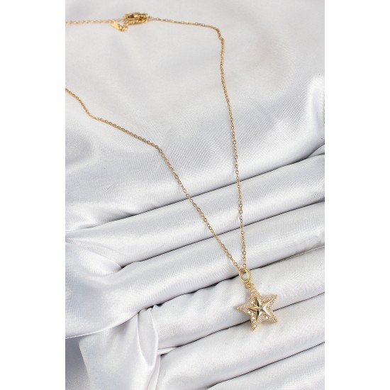 316L Çelik Zirkon Taşlı Yıldız Model Gold Renk Kadın Kolye - TJ-BKO10357