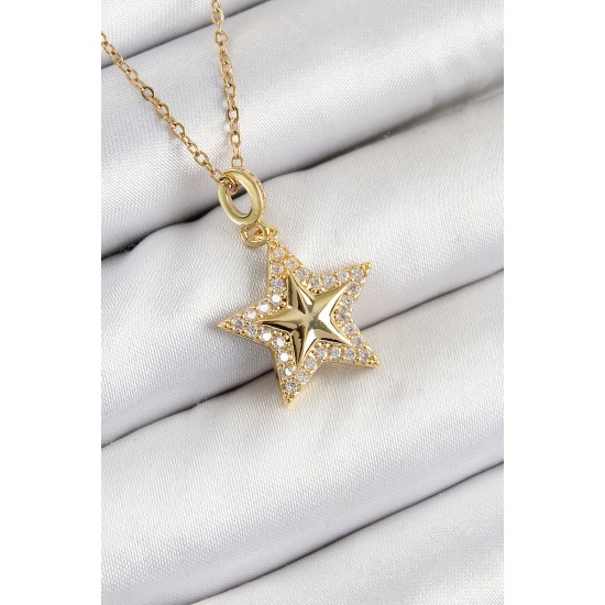 316L Çelik Zirkon Taşlı Yıldız Model Gold Renk Kadın Kolye - TJ-BKO10357