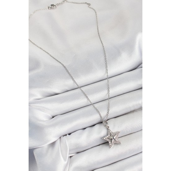 316L Çelik Zirkon Taşlı Yıldız Model Gümüş Renk Kadın Kolye - TJ-BKO10358