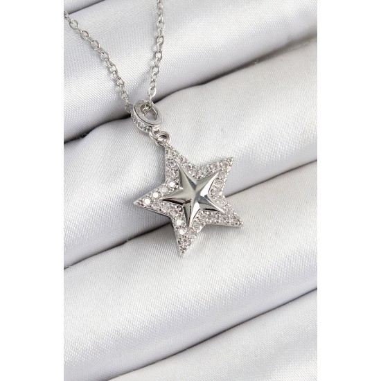 316L Çelik Zirkon Taşlı Yıldız Model Gümüş Renk Kadın Kolye - TJ-BKO10358