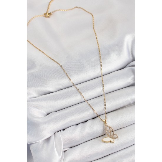 316L Çelik Zirkon Taşlı Kelebek Model Gold Renk Kadın Kolye - TJ-BKO10359