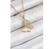316L Çelik Zirkon Taşlı Kelebek Model Gold Renk Kadın Kolye - TJ-BKO10359