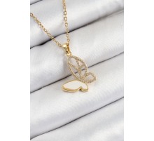 316L Çelik Zirkon Taşlı Kelebek Model Gold Renk Kadın Kolye - TJ-BKO10359