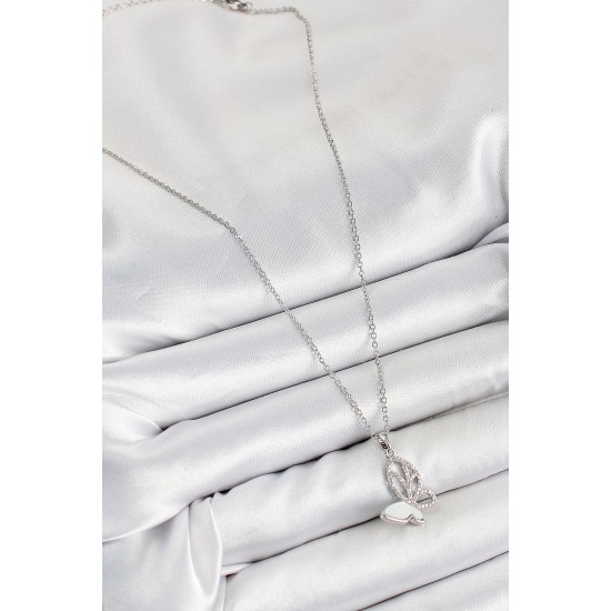 316L Çelik Zirkon Taşlı Kelebek Model Gümüş Renk Kadın Kolye - TJ-BKO10360