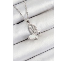 316L Çelik Zirkon Taşlı Kelebek Model Gümüş Renk Kadın Kolye - TJ-BKO10360