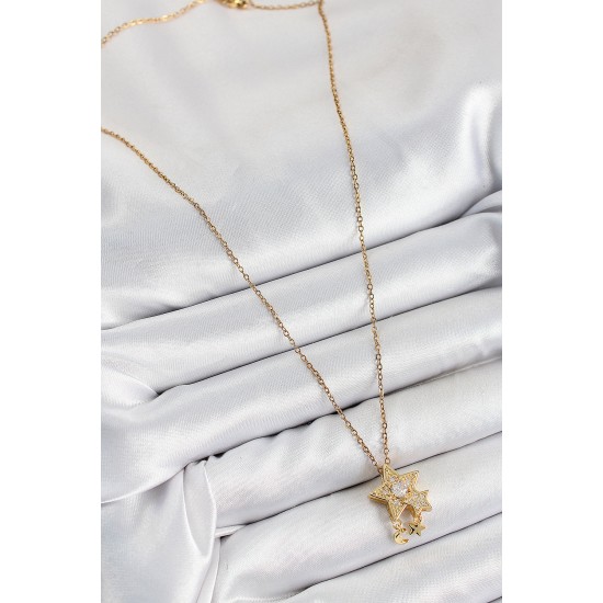 316L Çelik Zirkon Taşlı Sallantılı Yıldız Model Gold Renk Kadın Kolye - TJ-BKO10361