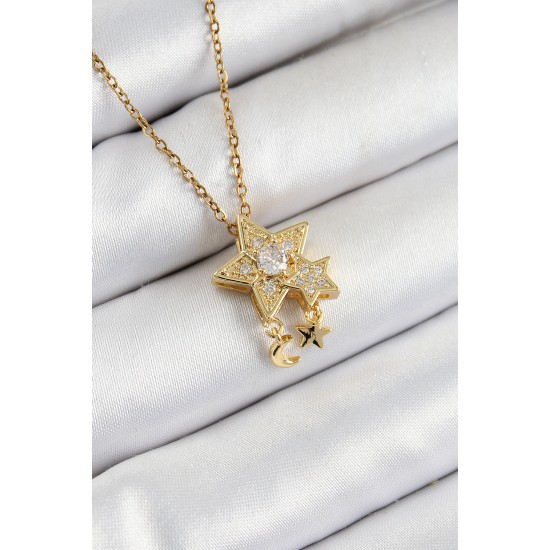 316L Çelik Zirkon Taşlı Sallantılı Yıldız Model Gold Renk Kadın Kolye - TJ-BKO10361
