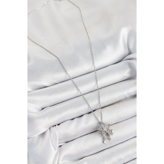 316L Çelik Zirkon Taşlı Sallantılı Yıldız Model Gümüş Renk Kadın Kolye - TJ-BKO10362