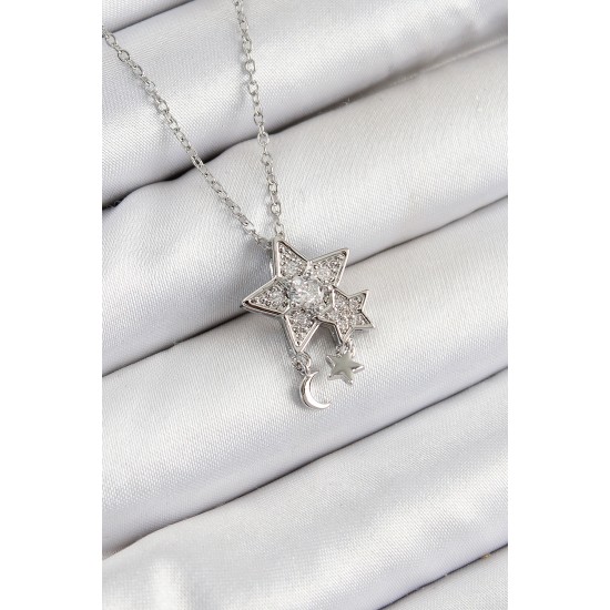 316L Çelik Zirkon Taşlı Sallantılı Yıldız Model Gümüş Renk Kadın Kolye - TJ-BKO10362