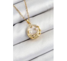 316L Çelik Zirkon Taşlı İnci Detaylı Halka Model Gold Renk Kadın Kolye - TJ-BKO10363