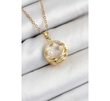 316L Çelik Zirkon Taşlı İnci Detaylı Halka Model Gold Renk Kadın Kolye - TJ-BKO10363