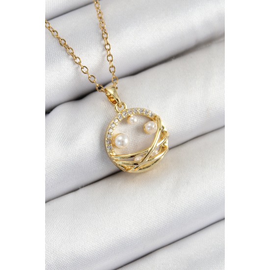 316L Çelik Zirkon Taşlı İnci Detaylı Halka Model Gold Renk Kadın Kolye - TJ-BKO10363