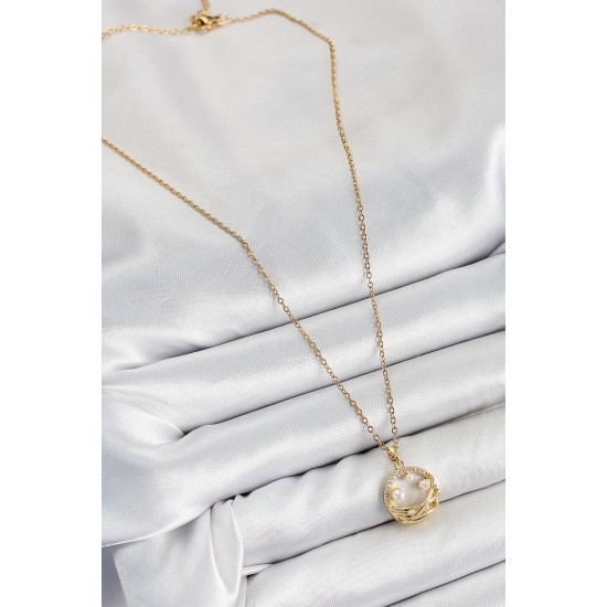 316L Çelik Zirkon Taşlı İnci Detaylı Halka Model Gold Renk Kadın Kolye - TJ-BKO10363