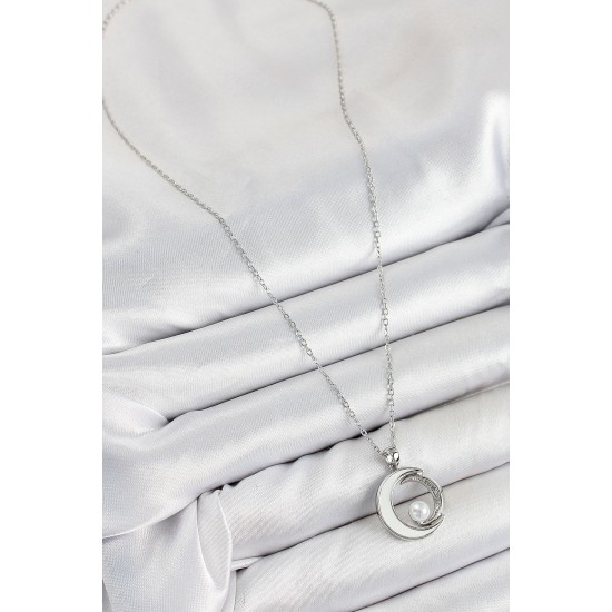 316L Çelik Zirkon Taşlı İnci Detaylı Hilal Model Gümüş Renk Kadın Kolye - TJ-BKO10364