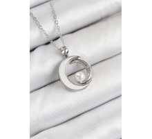 316L Çelik Zirkon Taşlı İnci Detaylı Hilal Model Gümüş Renk Kadın Kolye - TJ-BKO10364