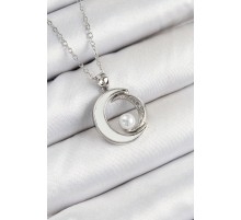 316L Çelik Zirkon Taşlı İnci Detaylı Hilal Model Gümüş Renk Kadın Kolye - TJ-BKO10364