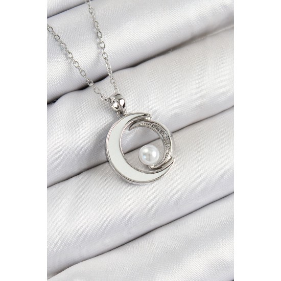 316L Çelik Zirkon Taşlı İnci Detaylı Hilal Model Gümüş Renk Kadın Kolye - TJ-BKO10364