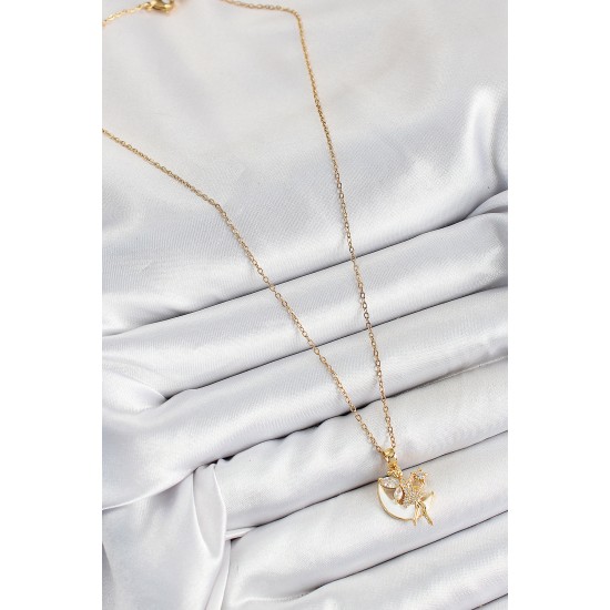 316L Çelik Zirkon Taşlı Hilal Melek Model Gold Renk Kadın Kolye - TJ-BKO10365