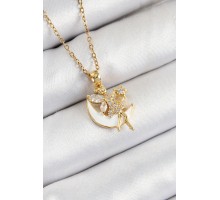 316L Çelik Zirkon Taşlı Hilal Melek Model Gold Renk Kadın Kolye - TJ-BKO10365