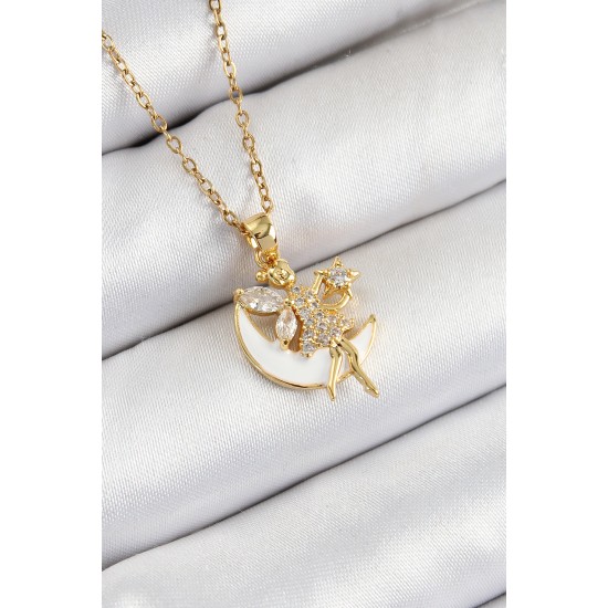 316L Çelik Zirkon Taşlı Hilal Melek Model Gold Renk Kadın Kolye - TJ-BKO10365