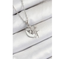 316L Çelik Zirkon Taşlı Hilal Melek Model Gümüş Renk Kadın Kolye - TJ-BKO10366